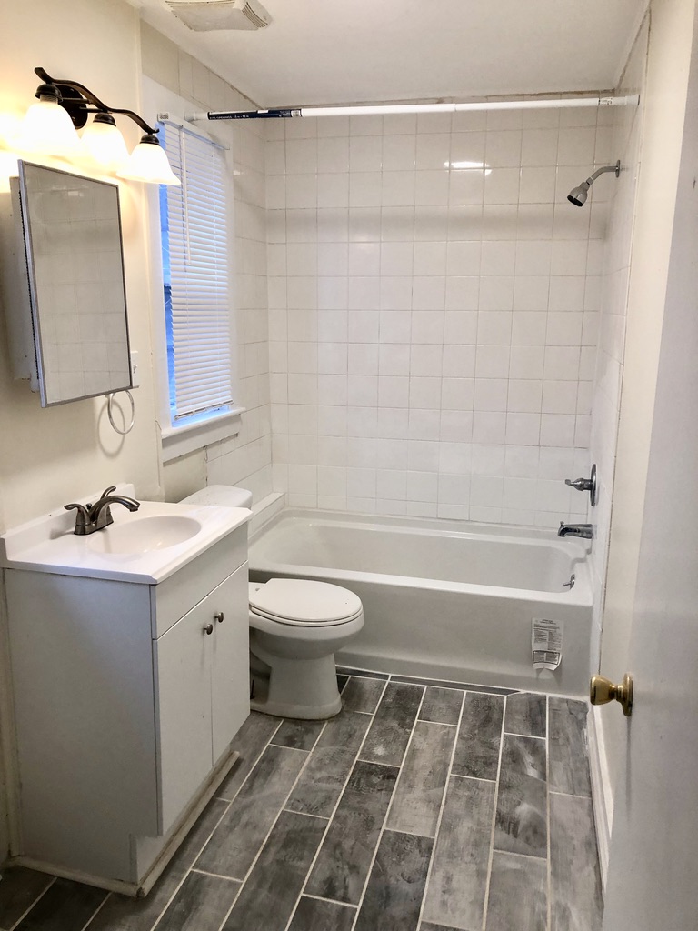 Renovated bathroom with white vanity, new tub, and wood-look tile flooring at 36 Pratt Street