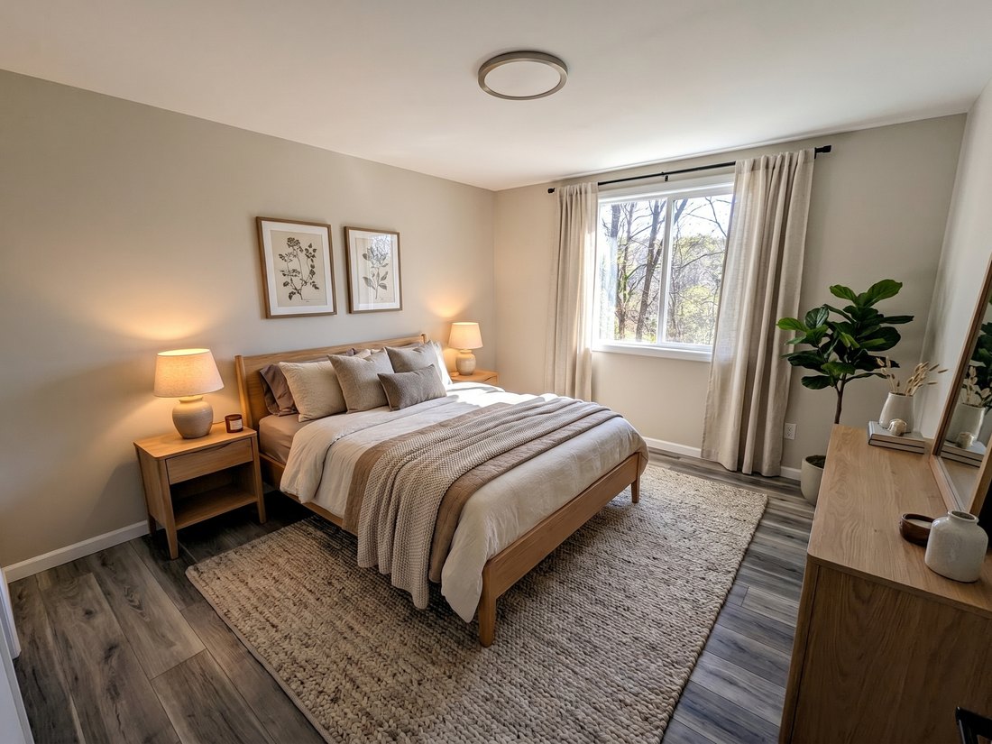 Renovated bedroom with a window overlooking the woods at Totoket Meadows